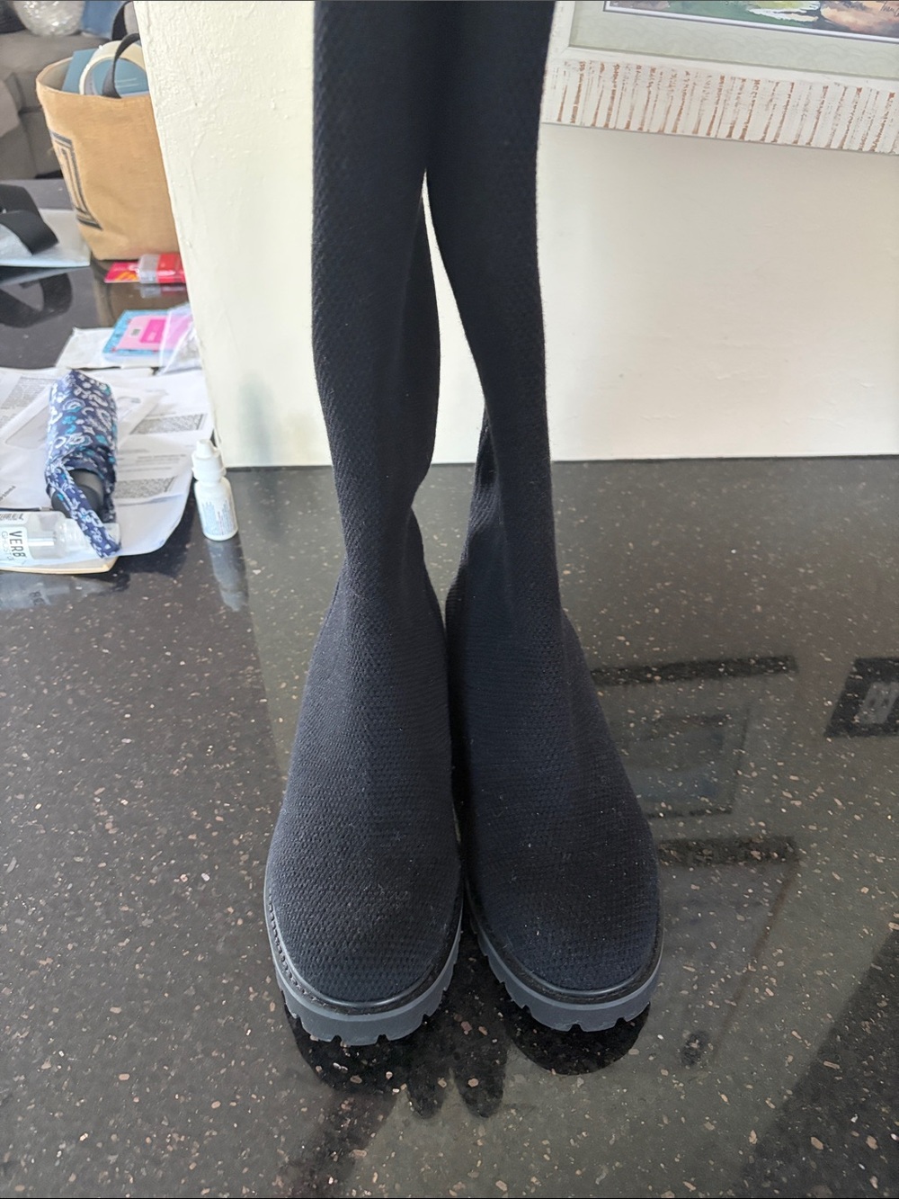 Vionic Black Stretch-Knit Chelsea Lug Platform Boots